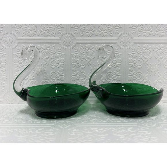 2 Vintage Candle holders By Duncan Miller Emerald Green Glass Swan clear Neck